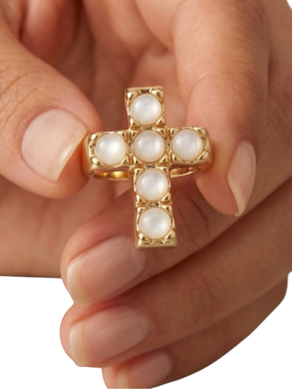 RLM Robert Lee Morris Goldtone Mother of Pearl Cross Ring Statement Size 8
Z
